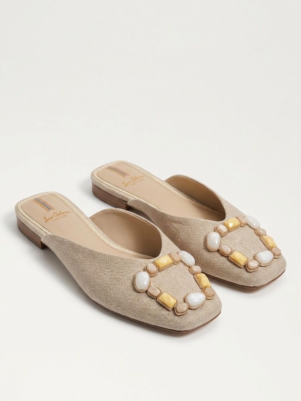Sam Edelman Neutral Beige Linen Embellished Slip-On Mules